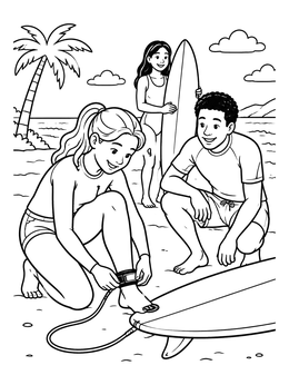 Free printable Friends Preparing To Surf On The Beach coloring page