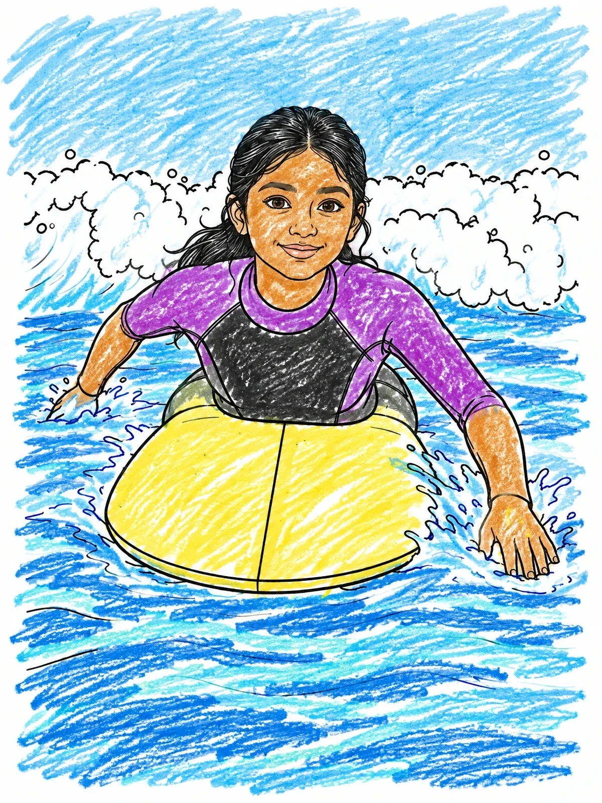 Colored example of the Girl Paddling On Surfboard coloring page