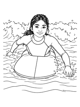 A young girl in a wetsuit paddling through ocean waves in this surfing coloring page.