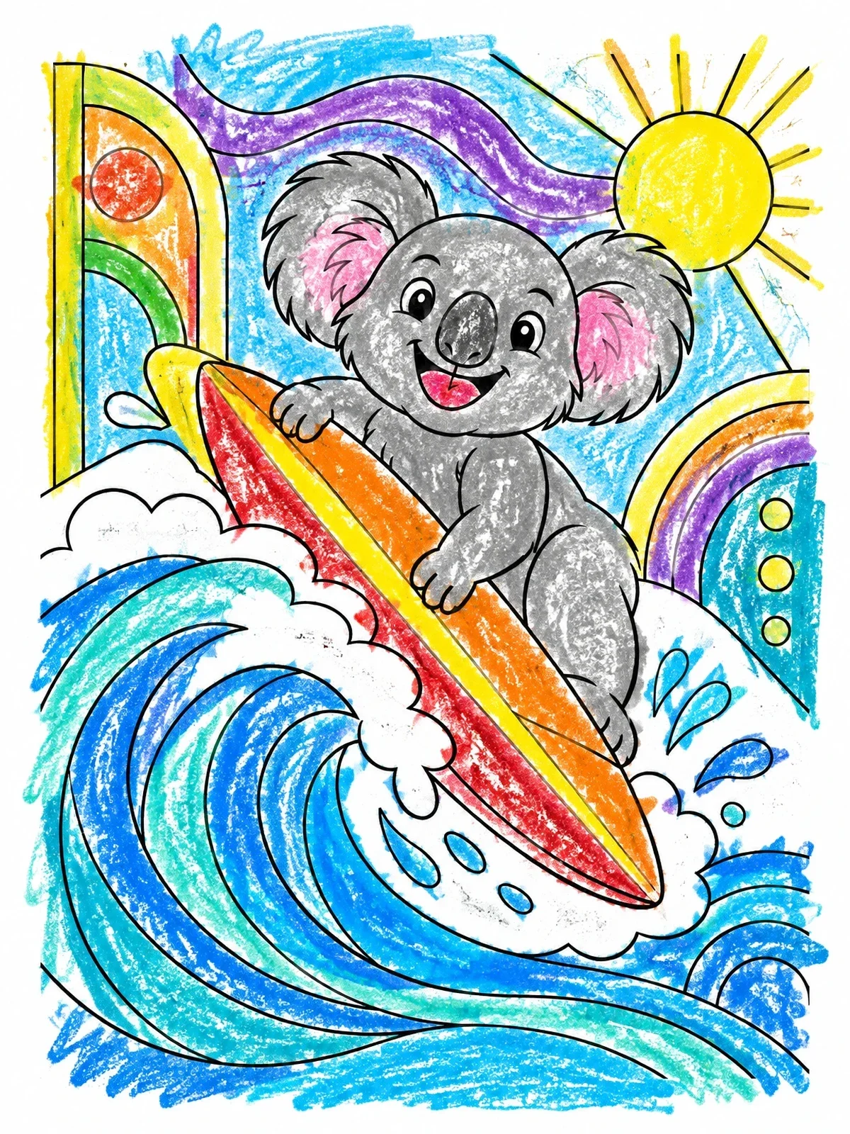 Colored example of the Surfing Koala Riding Ocean Wave coloring page