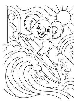 A cheerful koala balances on a board in this surfing coloring page.