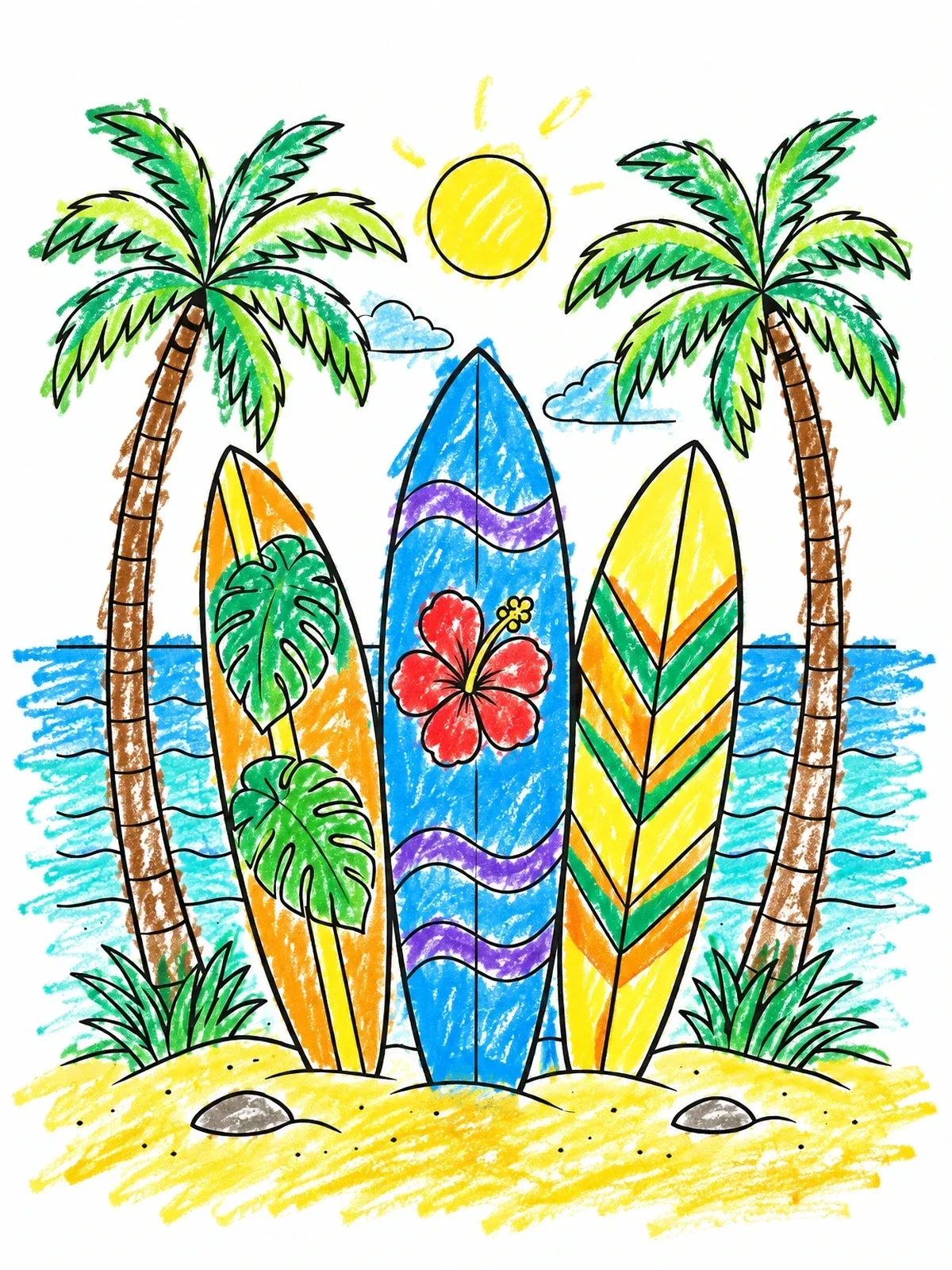 Colored example of the Patterned Surfboards On Tropical Beach coloring page