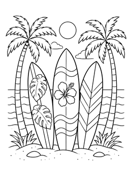 Free printable Patterned Surfboards On Tropical Beach coloring page