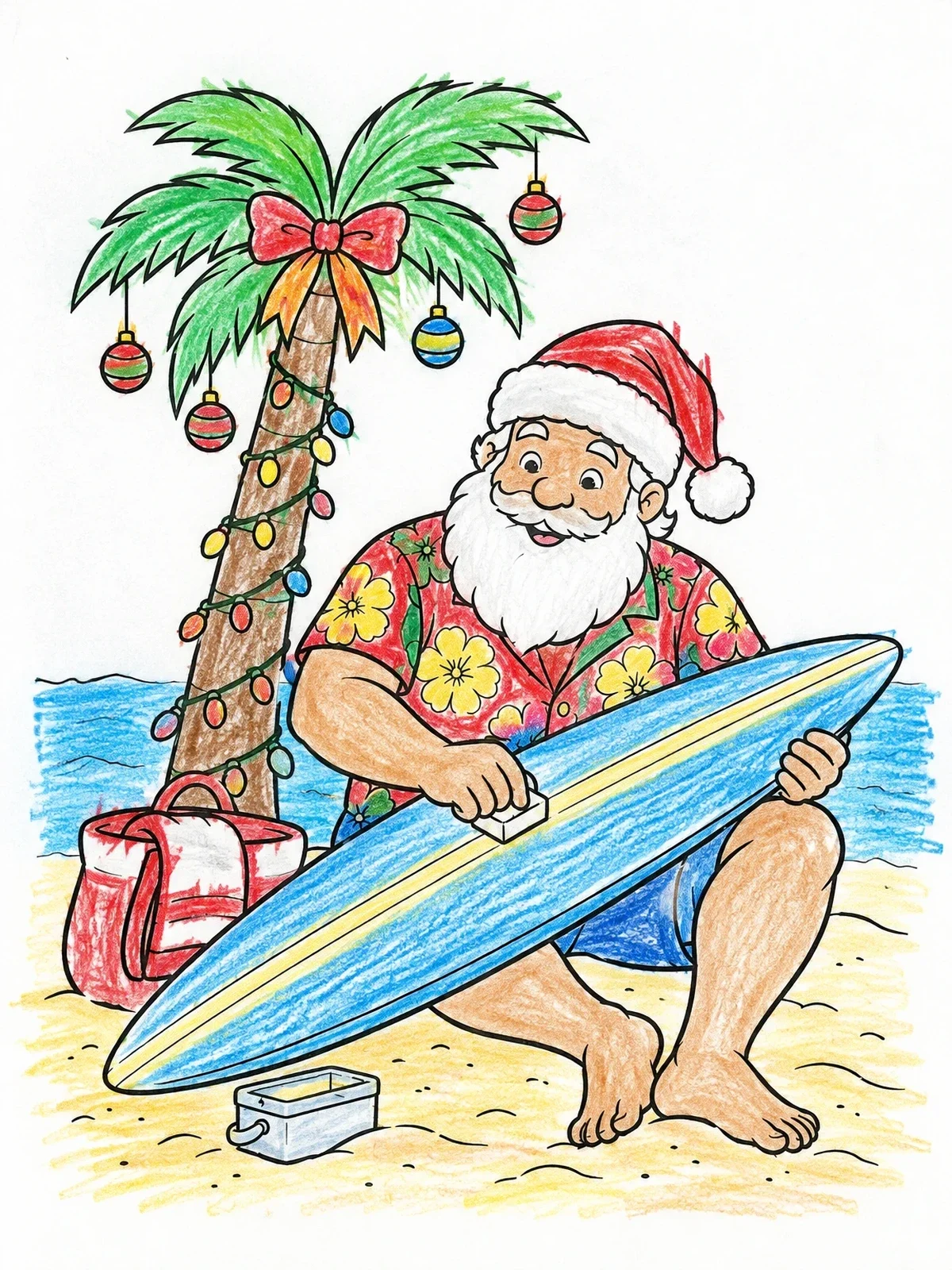 Colored example of the Santa Waxing His Surfboard coloring page