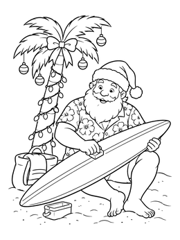 Santa Claus waxing his board on the beach in this surfing coloring page.