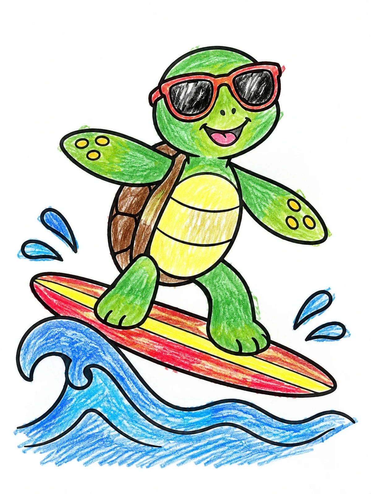 Colored example of the Surfing Sea Turtle With Sunglasses coloring page