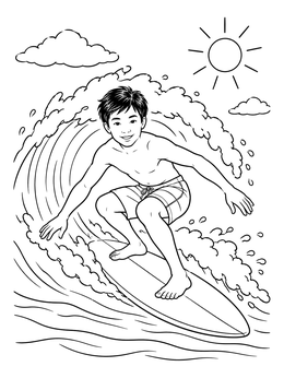 Free printable Surfer Boy Catching An Ocean Wave coloring page