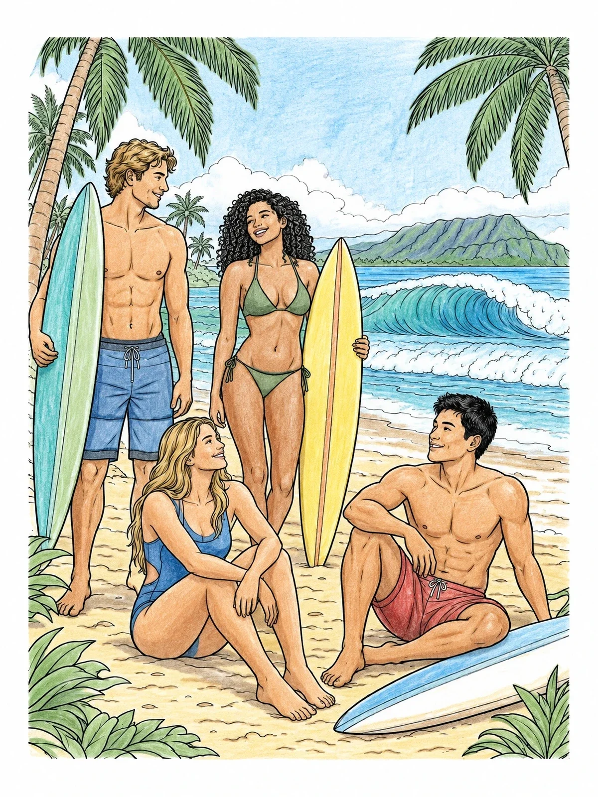 Colored example of the Surfer Friends On Tropical Beach coloring page