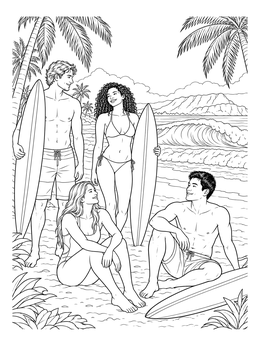 Free printable Surfer Friends On Tropical Beach coloring page
