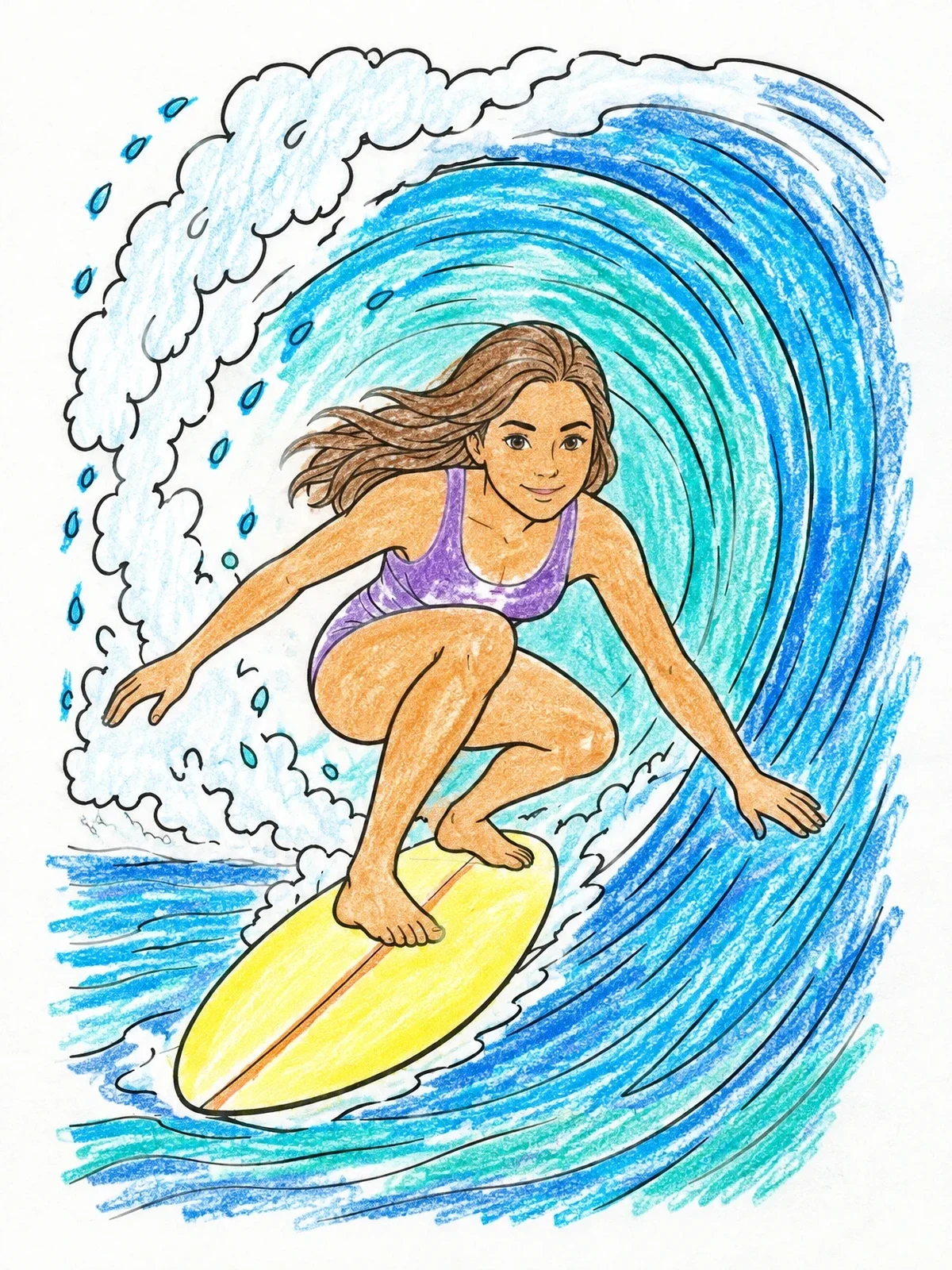Colored example of the Surfer Girl Inside A Barrel Wave coloring page