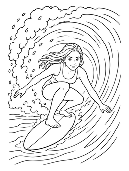 A smiling young woman riding a barrel wave on this surfing coloring page.