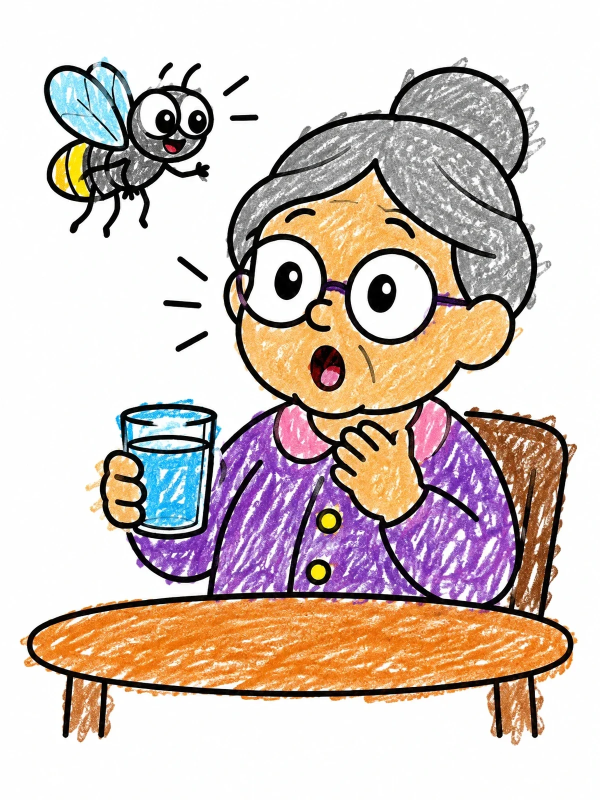 Colored example of the Surprised Grandma And Cheerful Housefly coloring page