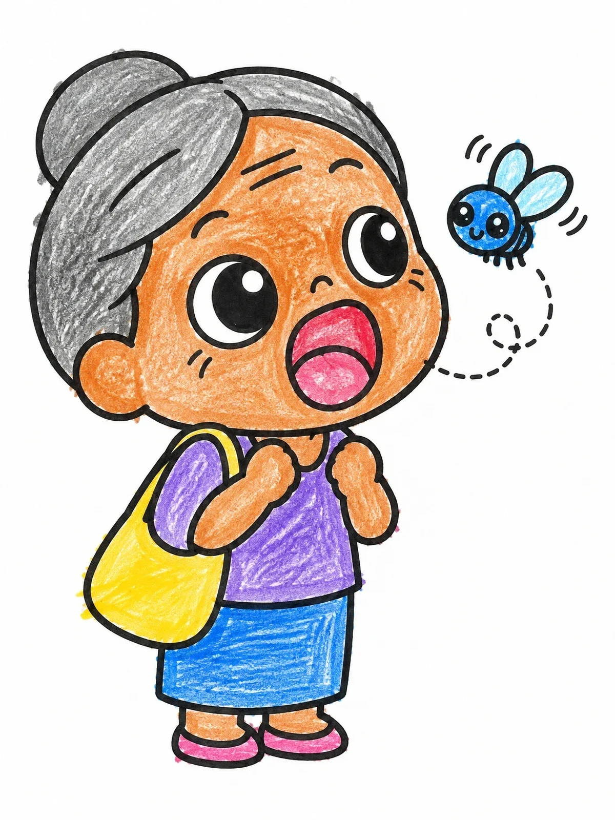 Colored example of the Surprised Lady And Little Fly coloring page