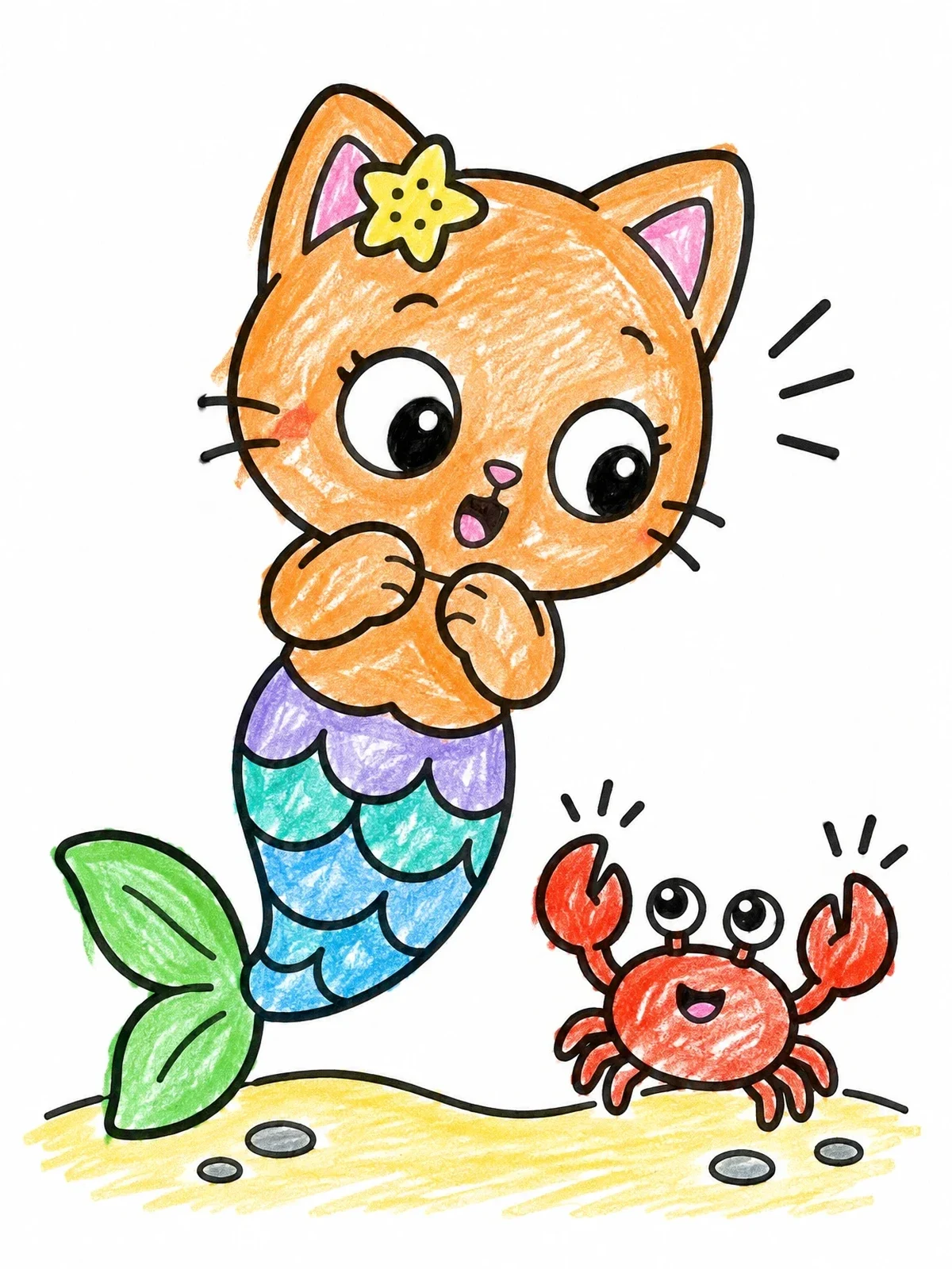 Colored example of the Surprised Mermaid Cat And Friendly Crab coloring page