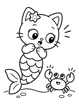 A surprised mermaid cat coloring page featuring a cute little crab waving its claws on the seafloor.