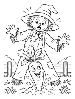 A surprised scarecrow reacts in this funny carrot coloring page as a grinning carrot pops up.