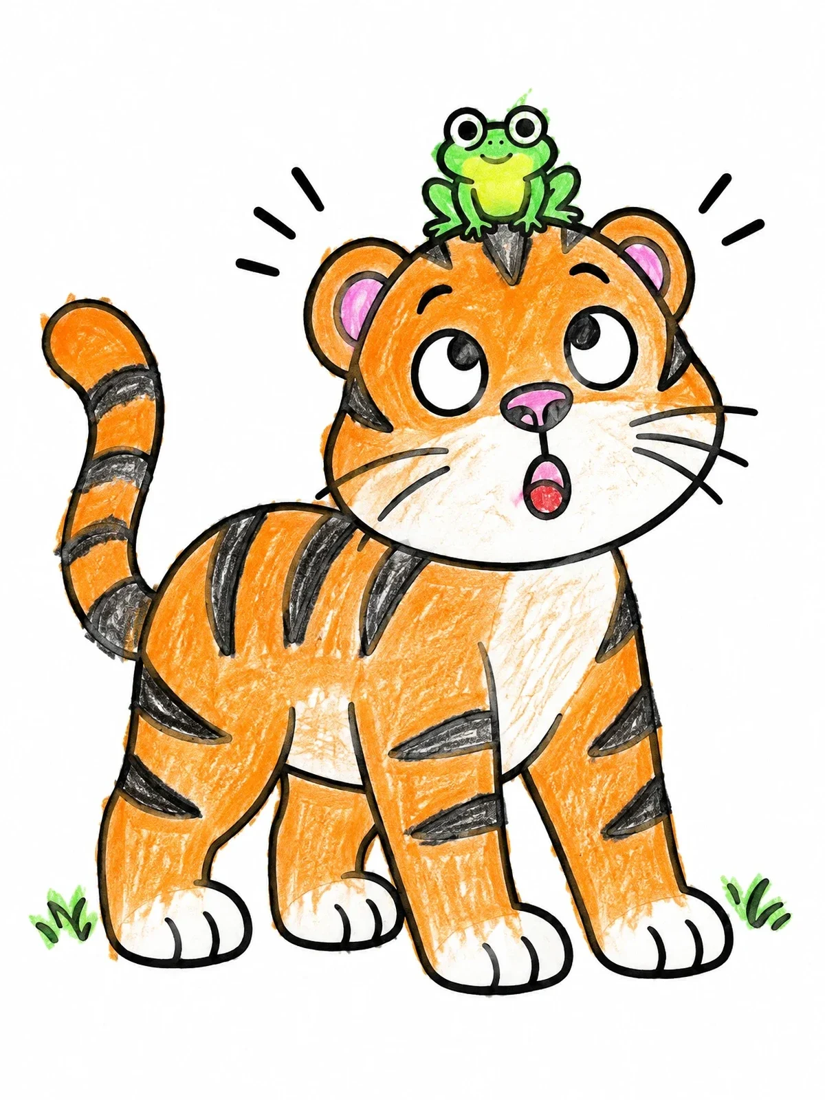 Colored example of the Surprised Tiger Cub And Little Frog coloring page