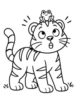 Free printable Surprised Tiger Cub And Little Frog coloring page