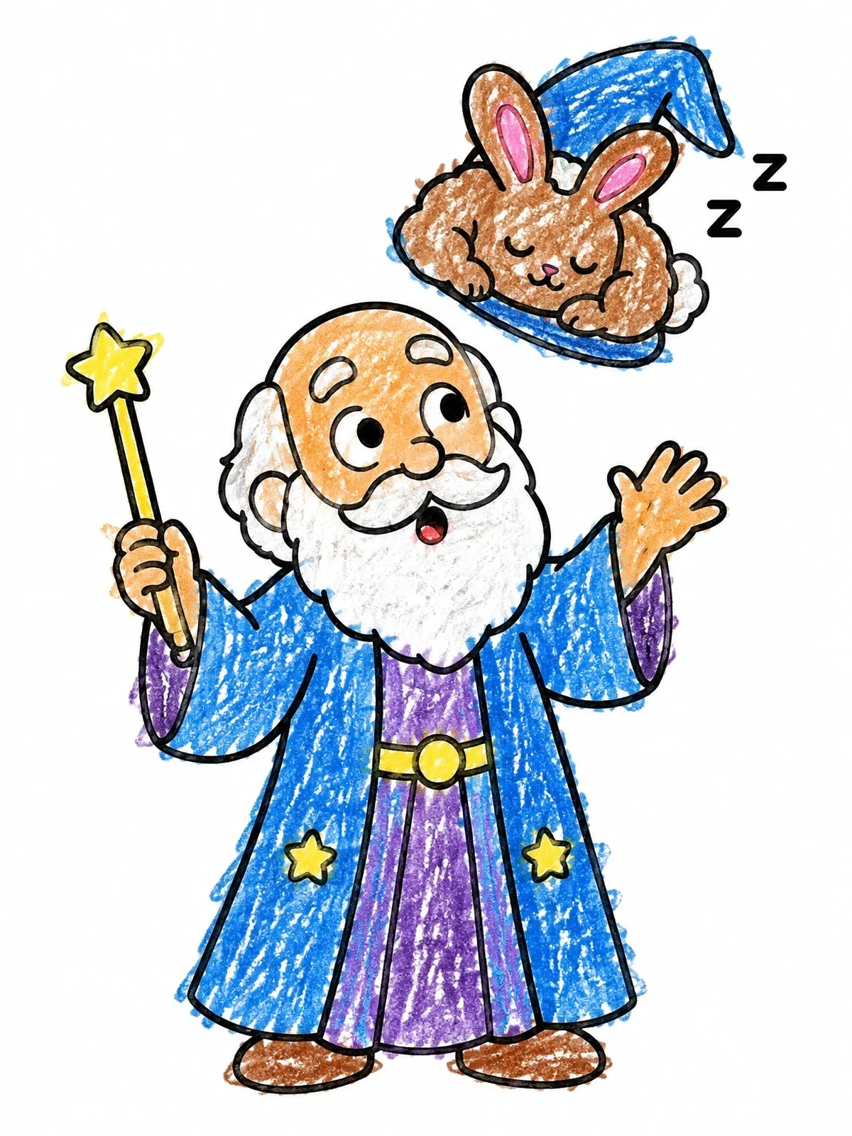 Colored example of the Surprised Wizard And Sleeping Bunny coloring page
