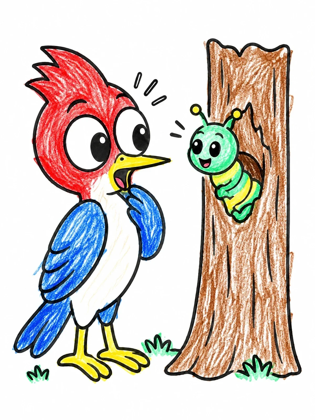 Colored example of the Surprised Woodpecker And Friendly Caterpillar coloring page