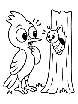 A surprised woodpecker coloring page featuring a cute caterpillar popping out of a tree trunk.