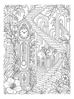 Free printable Surreal Labyrinth With Grandfather Clock coloring page