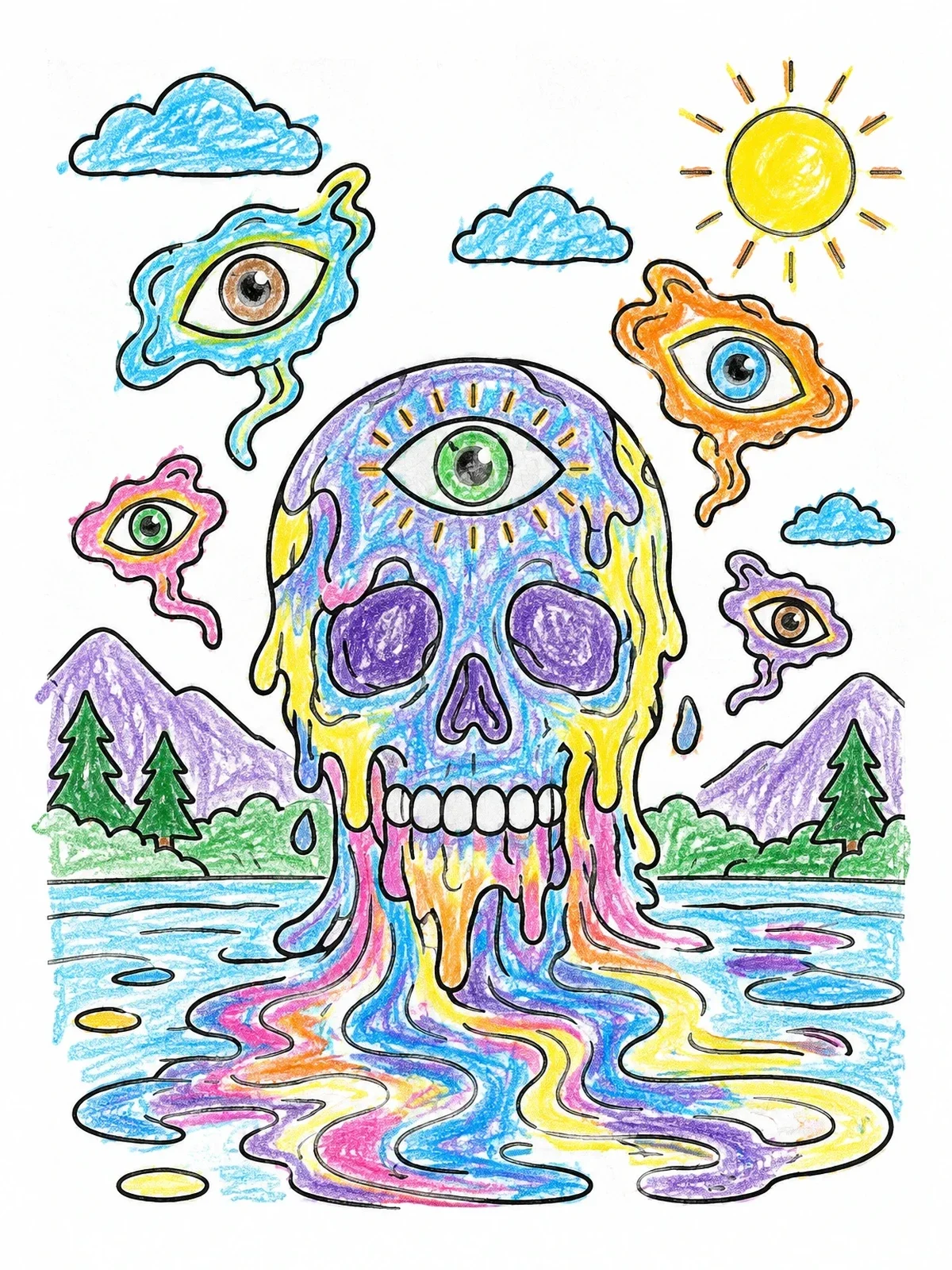 Colored example of the Surreal Melting Psychedelic Skull coloring page