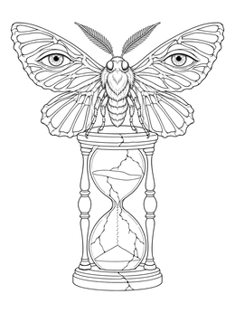 A surreal moth with human eyes perched atop a cracked hourglass in this grunge coloring page.
