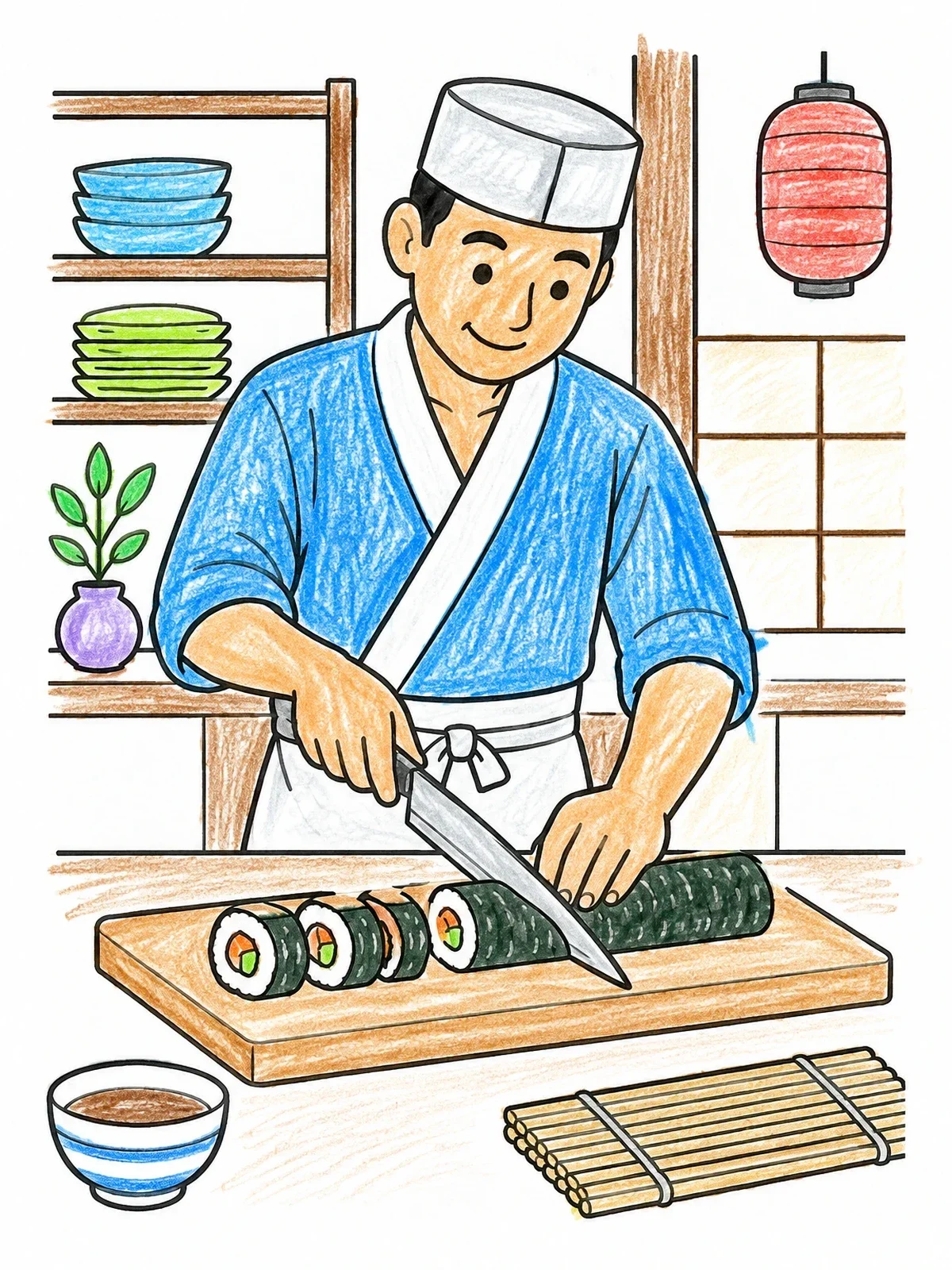 Colored example of the Sushi Chef Slicing Fresh Maki Roll coloring page
