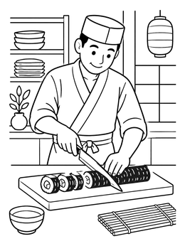 A friendly chef cuts maki on a cutting board in this sushi coloring page.