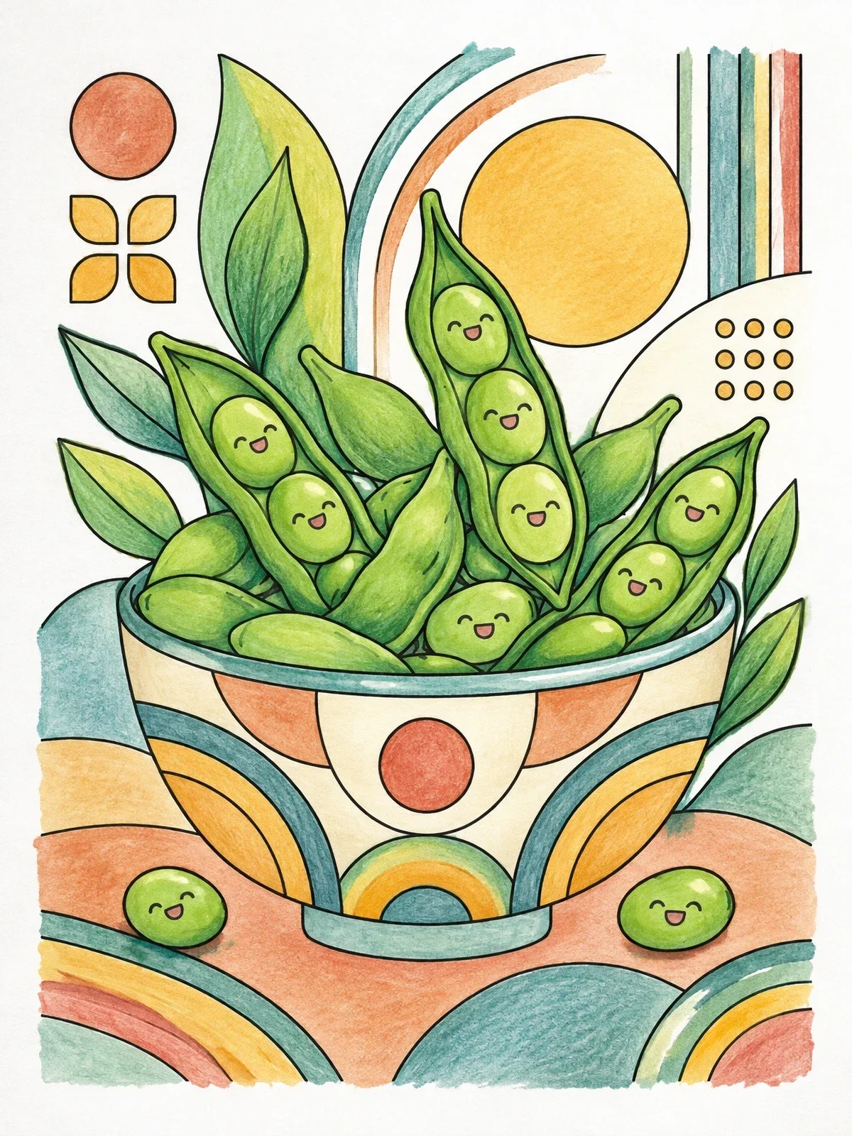 Colored example of the Cheerful Edamame Bowl And Geometric Patterns coloring page
