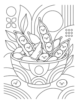 A decorative sushi coloring page featuring cute smiling edamame beans in a bowl.