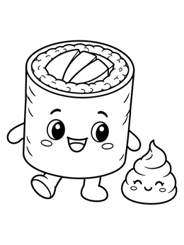 A happy walking sushi roll smiles alongside a tiny wasabi swirl in this sushi coloring page.