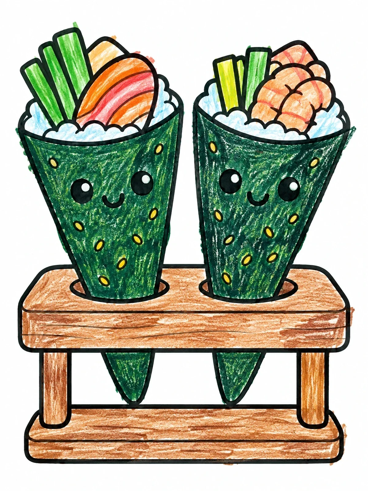 Colored example of the Cute Temaki Hand Rolls In Stand coloring page