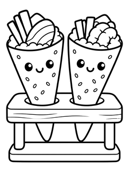 Two smiling temaki hand rolls in a wooden holder on this sushi coloring page.
