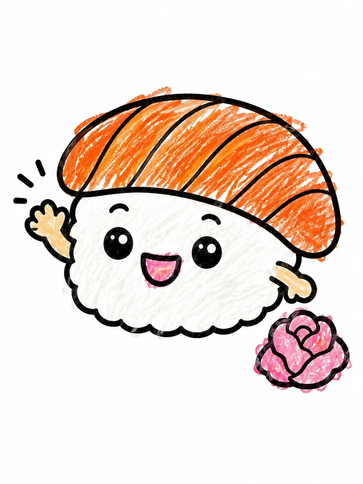 Colored example of the Cute Waving Salmon Nigiri coloring page