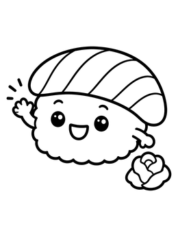 Free printable Cute Waving Salmon Nigiri coloring page