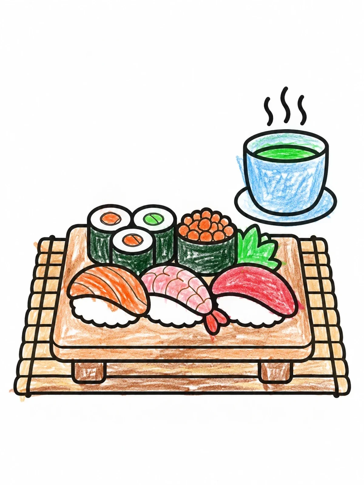 Colored example of the Sushi Platter With Green Tea coloring page