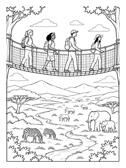 Hikers cross a suspension bridge over wildlife in this safari park coloring page.