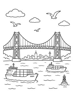 Free printable Suspension Bridge And Harbor Boats coloring page