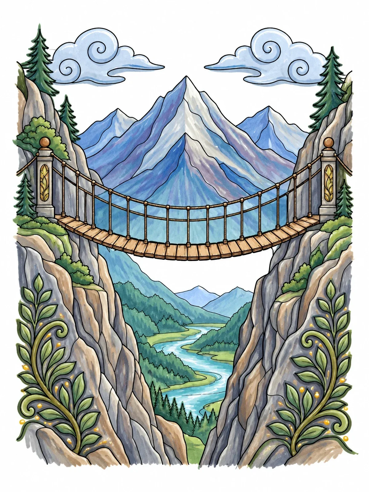 Colored example of the Suspension Bridge Across Mountain Chasm coloring page