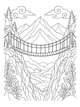 Suspension bridge over a river canyon in this detailed mountain coloring page.