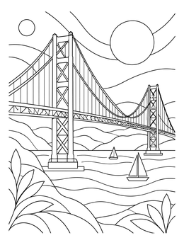 Detailed bridge coloring page featuring a suspension bridge over water with sailboats.