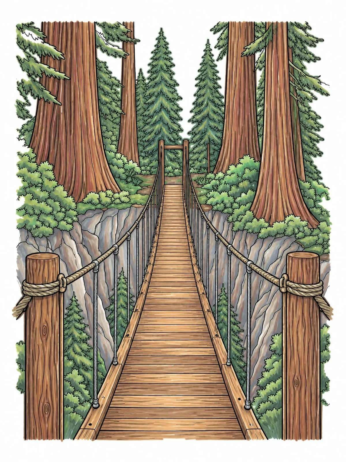Colored example of the Suspension Footbridge Through Pine Forest coloring page