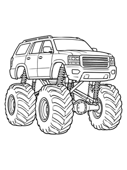 SUV-style monster truck coloring page with heavy duty suspension and giant tires.