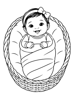 A smiling swaddled baby in a woven basket on this baby coloring page.