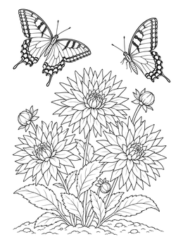 Two swallowtail butterflies flying above garden flowers on this detailed dahlia coloring page.