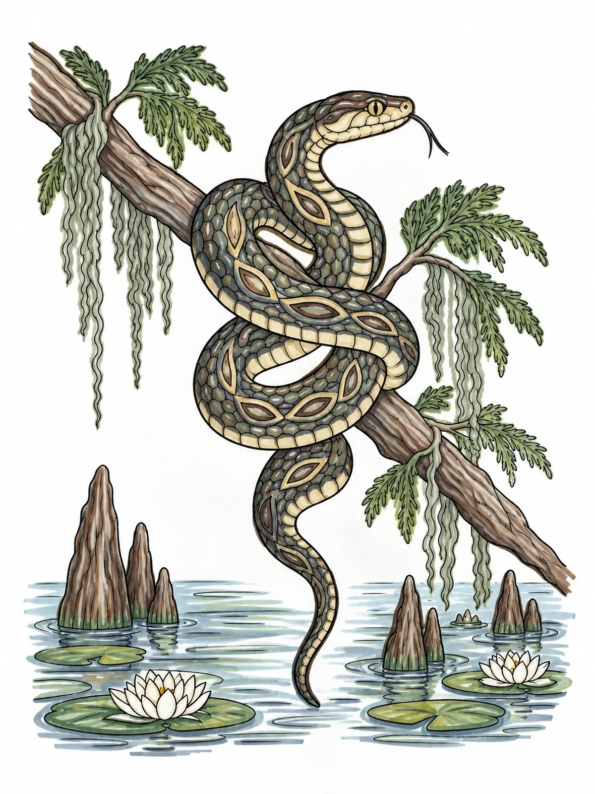 Colored example of the Coiled Water Snake On Cypress Branch coloring page