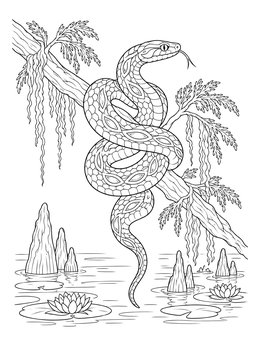 A patterned water snake on a branch features in this swamp coloring page with water lilies.