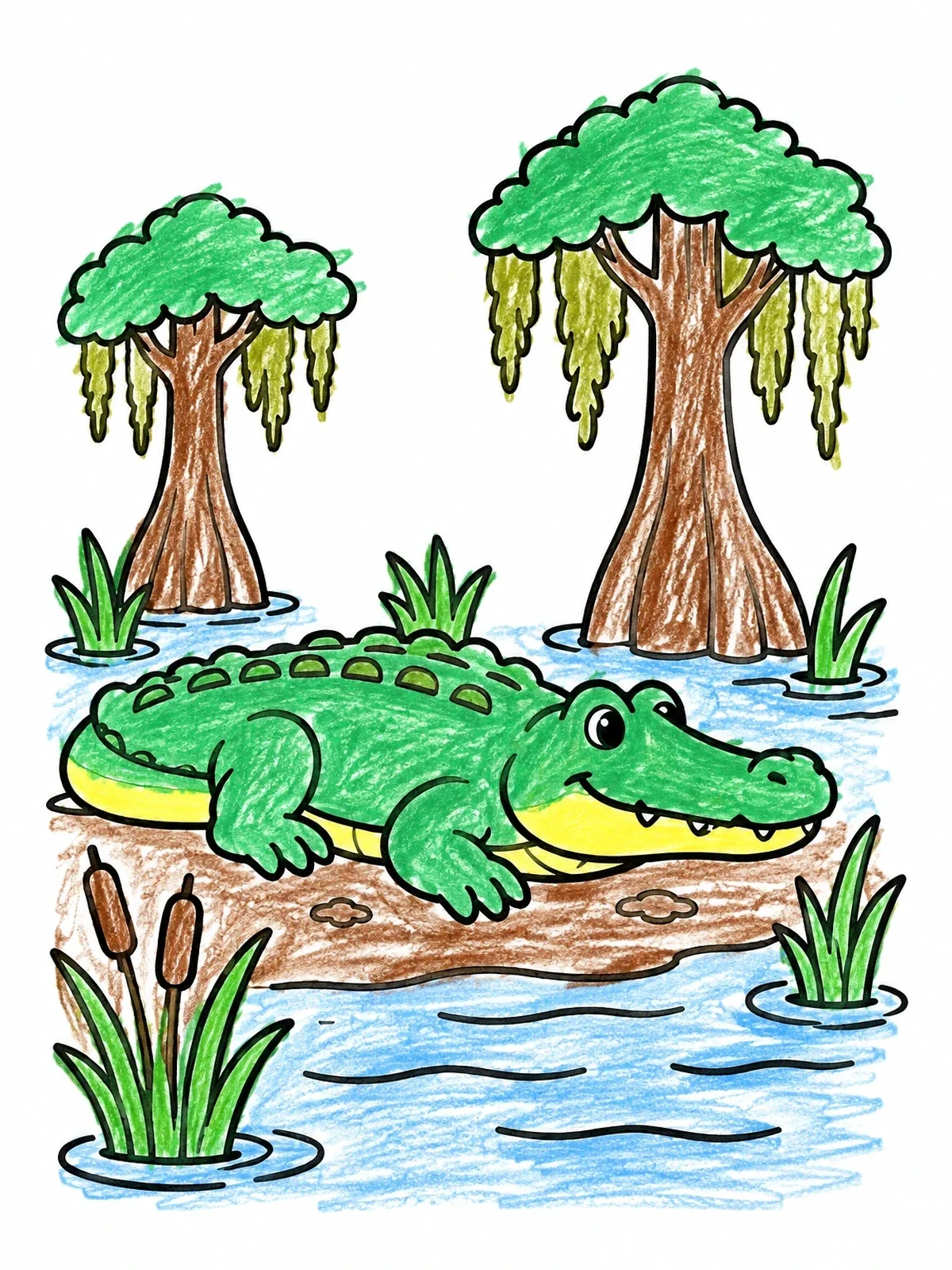 Colored example of the Friendly Alligator In The Wetland coloring page